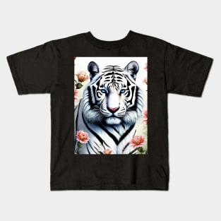 White Tiger with Flowers, Colorful, Beautiful Kids T-Shirt